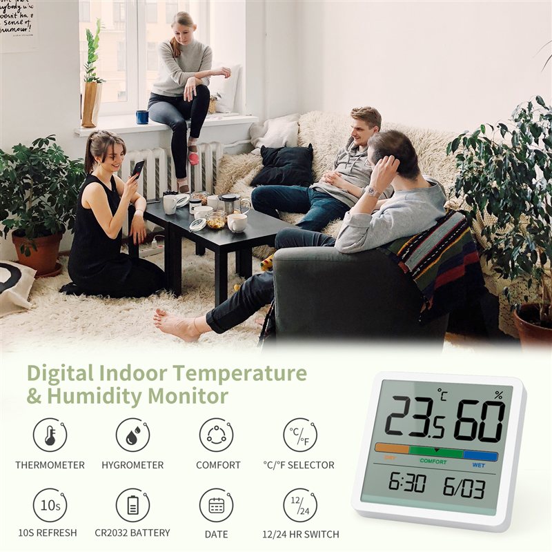 YGH5253SY LCD thermo-hygrometer clock — white background product photo