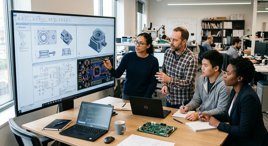 Engineering team reviewing digital clock technical specifications