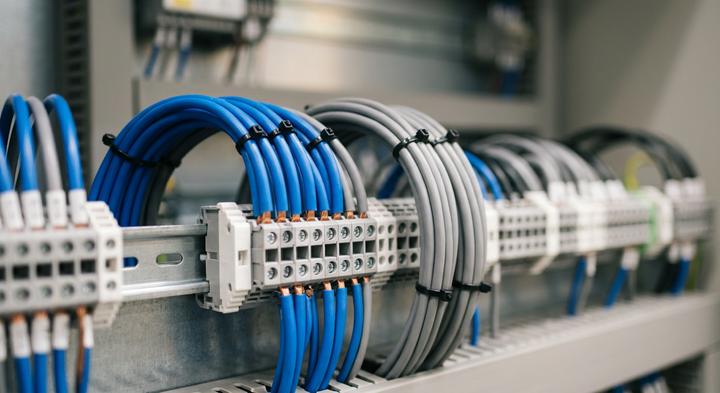 Neat and organized industrial control panel wiring with blue and gray network cables