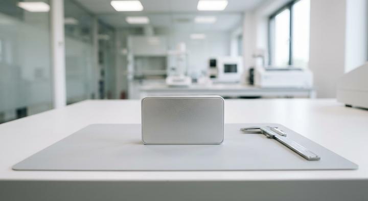 Minimalist QC laboratory setup with metal casing and precision measuring tools