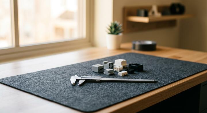 Clean modern workspace with precision engineering tools and plastic components under warm light