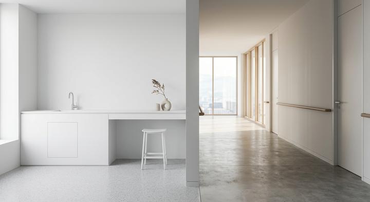 Clean split-view architectural conceptual background showing healthcare and modern office spaces