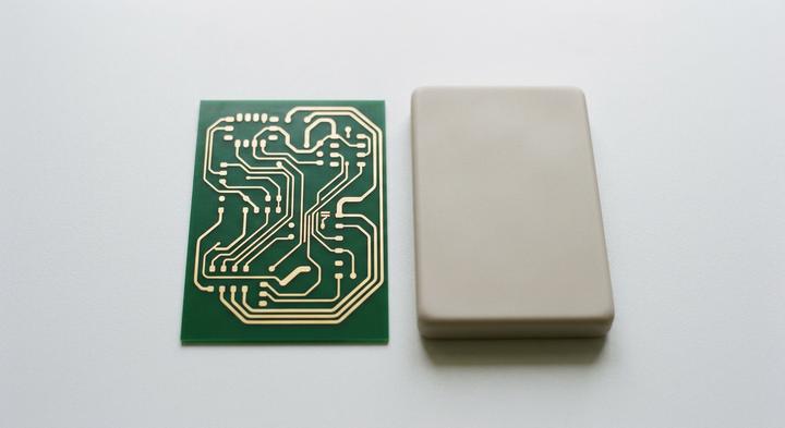 Minimalist top-down view of abstract electronic circuit layout and housing component