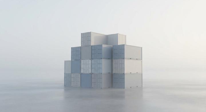 Abstract minimalist representation of shipping containers in a misty environmental transit setting.