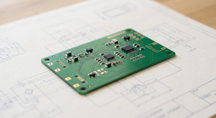 A clean printed circuit board layout on top of engineering blueprints representing hardware design