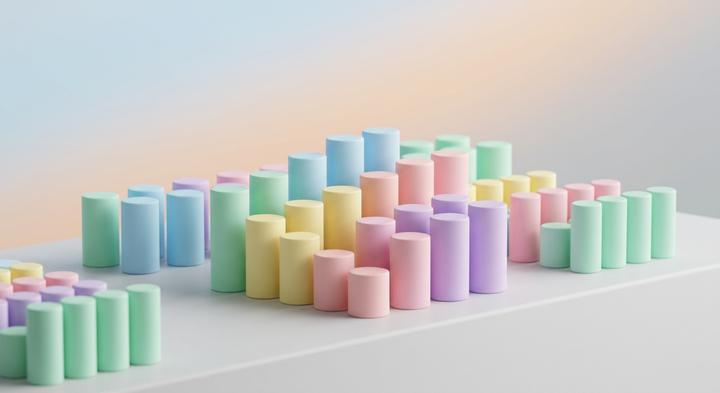 Abstract 3D rendering of aligned minimalist energy cylinders representing clean battery cell metrics