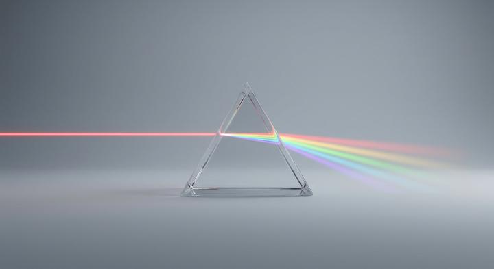 Abstract 3D rendering of light passing through a prism, representing calibration and testing