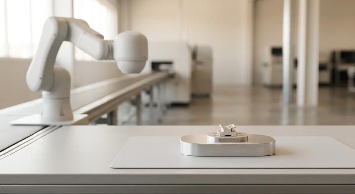 Sleek and modern electronics quality testing station with soft lighting in a high-tech facility.
