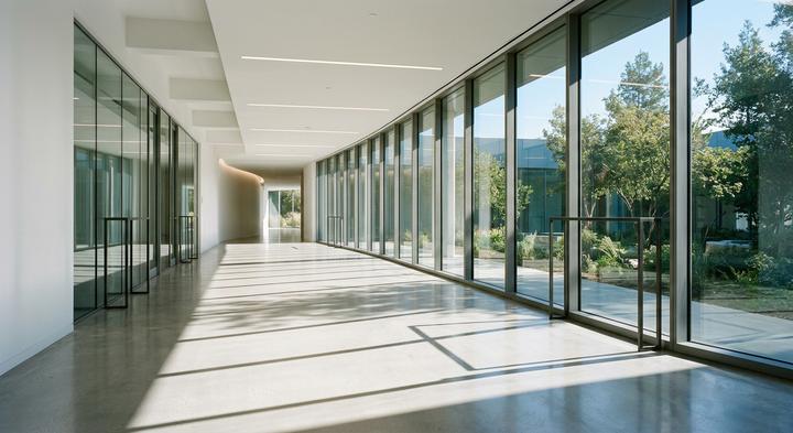 Bright and minimalist modern commercial building facility corridor with light shadows