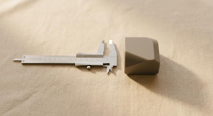 Minimalist layout with a designer's caliper and an abstract geometric prototype casing