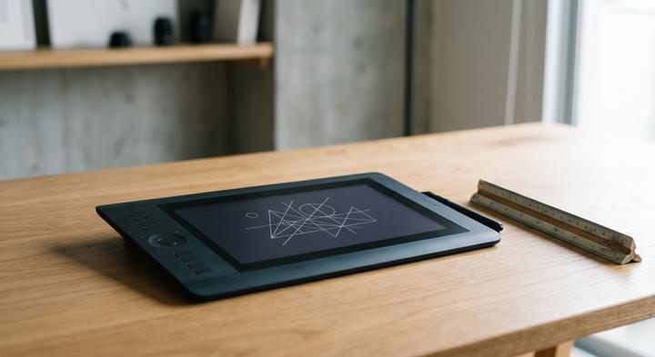 Minimalist industrial design workspace with abstract geometric drafts.