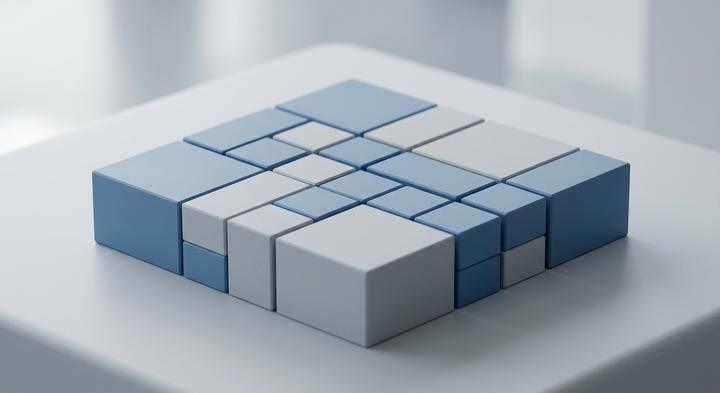 Abstract 3D rendering of perfectly nested geometric blocks representing packaging efficiency and container logistics