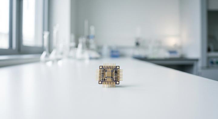 Close-up of high-precision electronic component on a clean testing surface in a modern facility