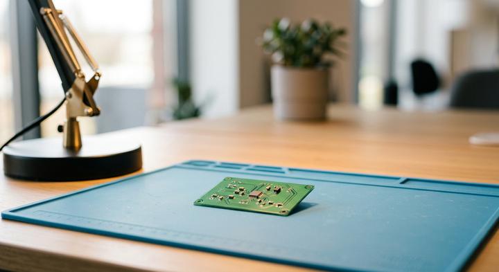 Modern clean electronic circuit board in a high-tech quality testing workspace