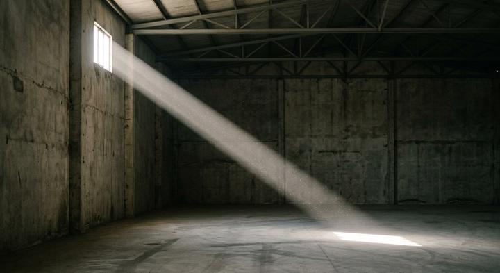 Dramatic sunbeams illuminating dust particles in a minimalist industrial space