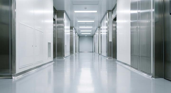 Pristine and sterile pharmaceutical cleanroom environment with polished steel surfaces