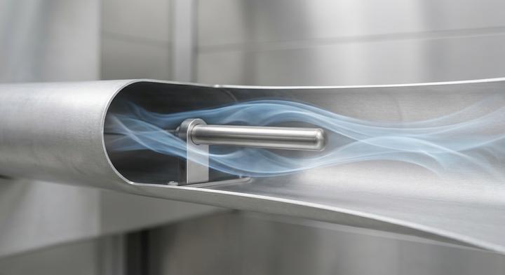 Sleek metallic sensor probe inside a modern industrial ventilation duct with abstract airflow streams