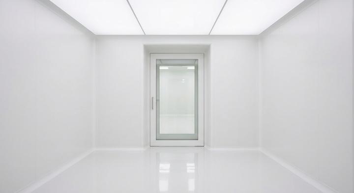 Pristine white sterile cleanroom corridor symbolizing absolute regulatory compliance