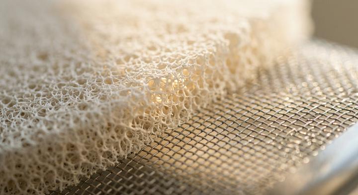 Abstract macro view of a clean stainless steel micro-mesh representing sensor filtration