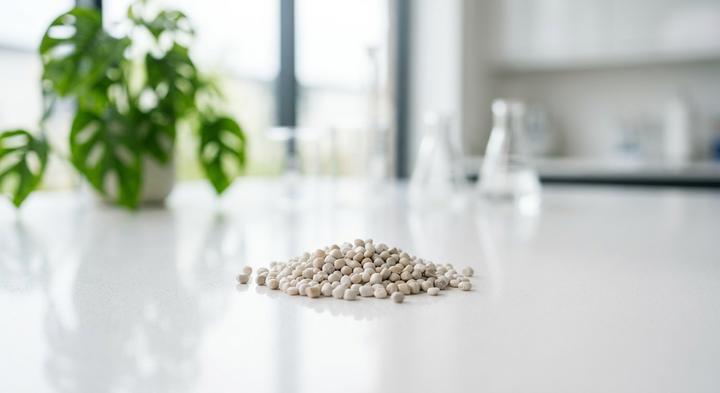 High-quality raw recycled plastic granules on a clean workspace representing eco-friendly tech manufacturing.