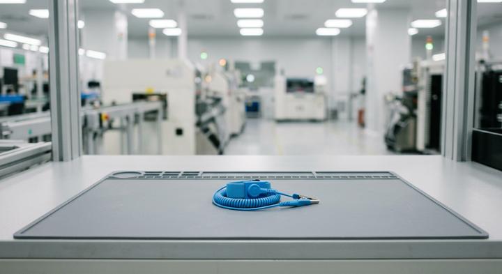 Clean and organized anti-static electronics assembly workstation in a modern manufacturing plant.