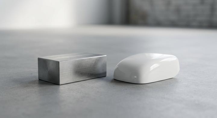 Finely machined steel tooling block beside a polished plastic molding shell