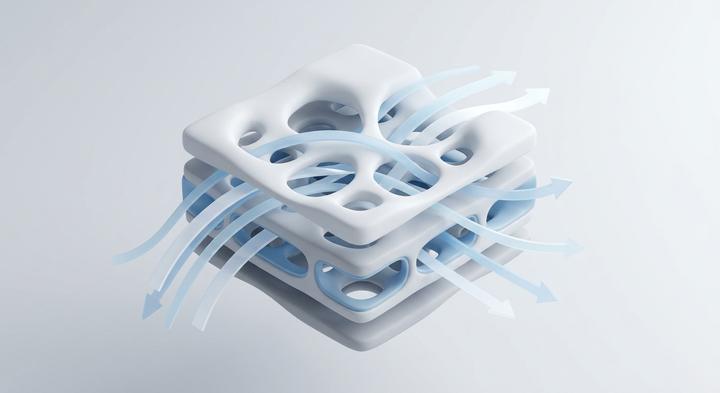 Abstract 3D rendering showing the concept of porous venting and pressure equalization
