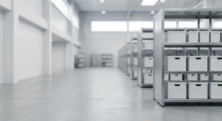A modern, clean industrial warehouse environment