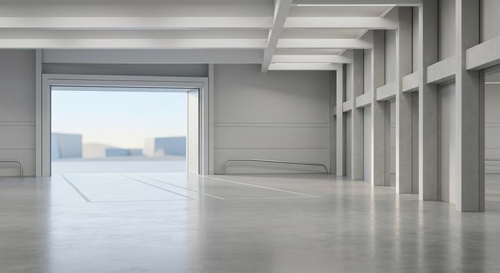 Minimalist logistics bay with clean lines and soft lighting representing optimized distribution