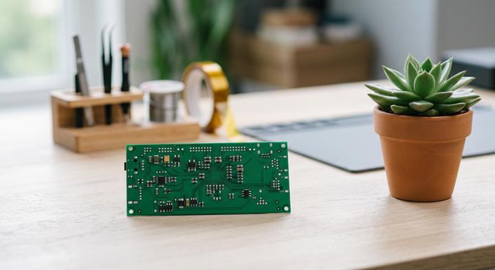 A clean, modern hardware engineering desk with a circuit board under soft lighting
