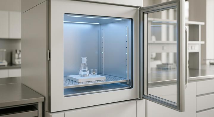 Sleek environmental testing chamber simulating temperature shifts for custom digital clock quality assurance.