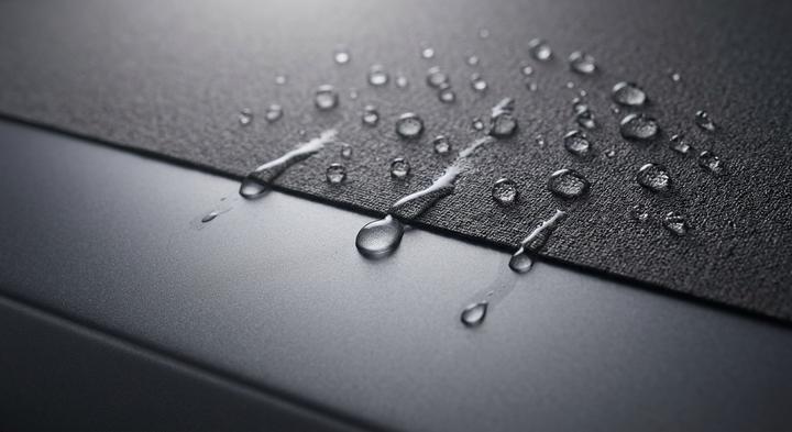 Hydrophobic protective surface texture with water droplets representing IP65 moisture barrier