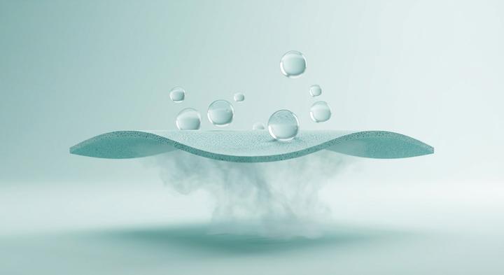 A conceptual 3D visualization of a hydrophobic ePTFE membrane repelling water droplets.