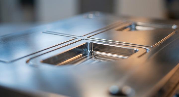 Close-up of a high-precision polished steel mold cavity used in injection molding