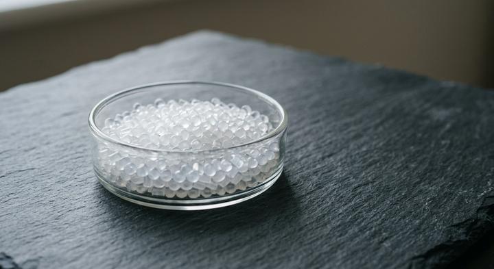 High-grade raw polymer pellets in a clean laboratory glass dish