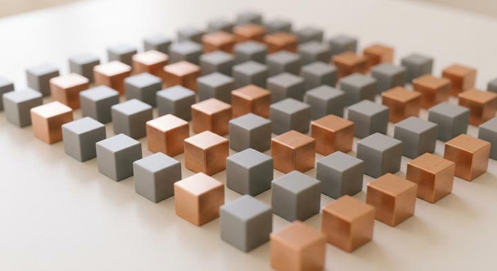 Structured grid of minimalist cuboid blocks representing scalable electronic production.