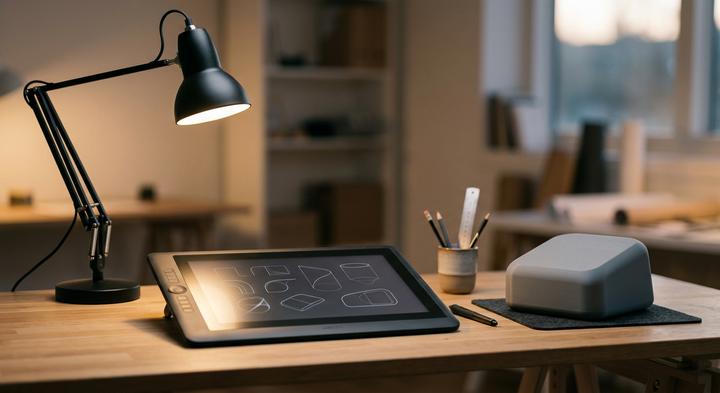 Clean industrial design desk with an abstract prototype enclosure under a warm desk lamp.