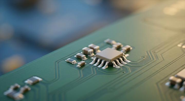 Close-up of a high-quality SMT circuit board with clean solder joints under studio lighting