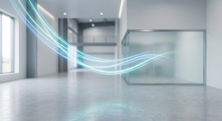 Abstract light trails indicating smooth, high-velocity airflow in a cleanroom setup