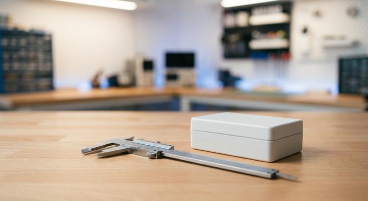 Vernier caliper and white plastic prototype on a clean modern workbench