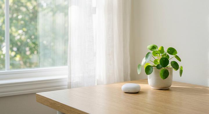 Minimalist clean desk setup showing a generic ambient device next to a plant under bright, airy natural ventilation.