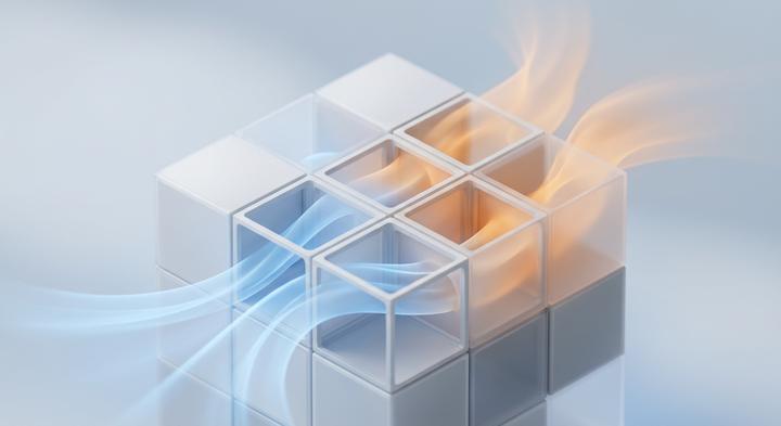 Abstract 3D render of hot and cold airflow boundaries within a modular grid layout