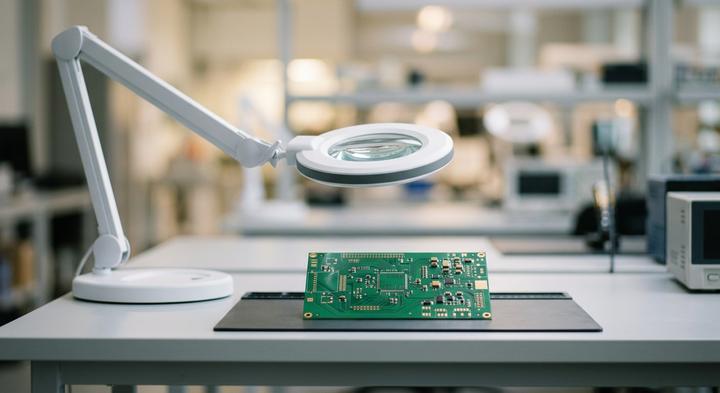 A clean and organized modern electronic testing laboratory workbench representing quality engineering