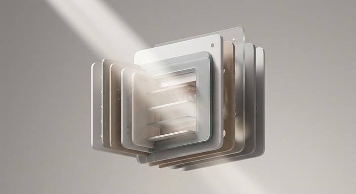 Abstract 3D render of layered geometric plates symbolizing environmental barrier engineering