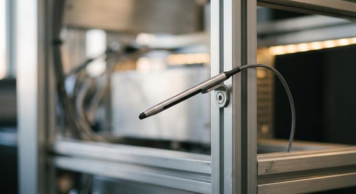 Sleek low-profile digital sensor probe mounted on a clean server rack frame