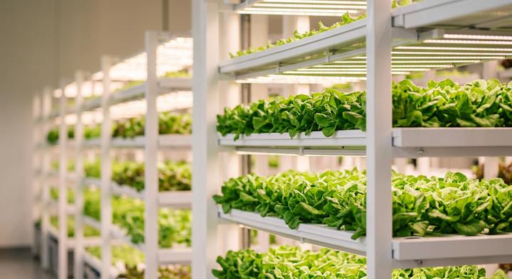 Clean and modern indoor vertical farming racks under professional LED grow lights.