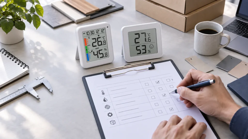 YGH6270 and YGH6222 thermo hygrometers beside a procurement checklist