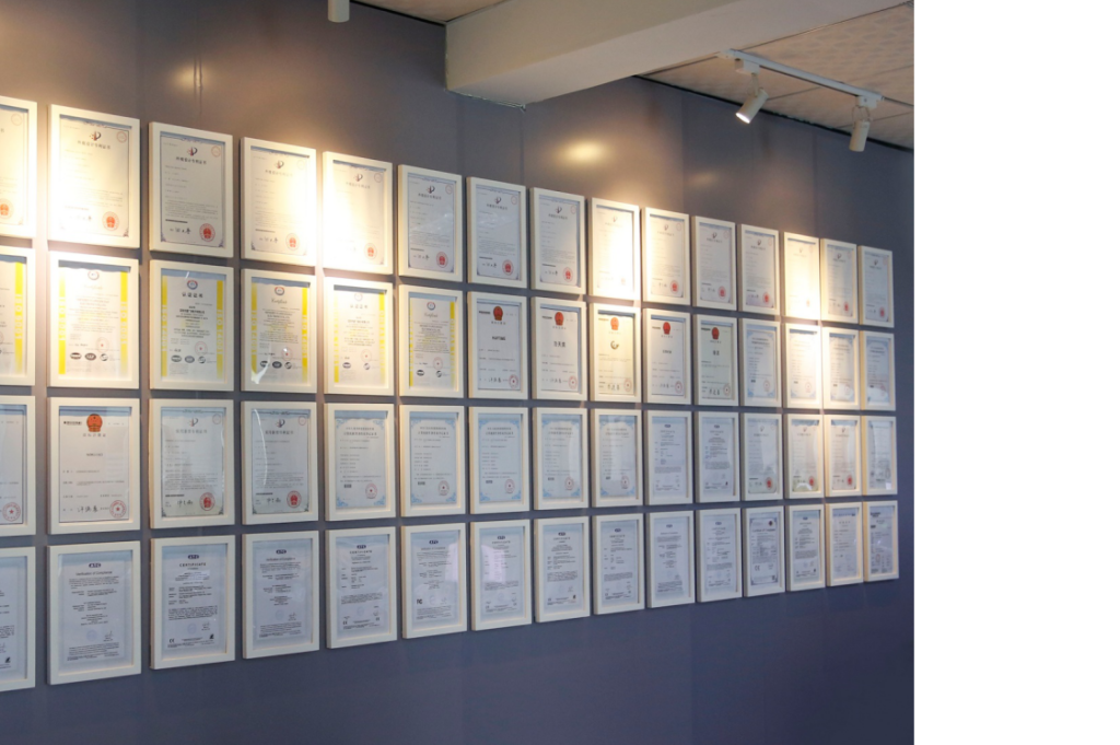 Certificate wall displayed at the YGHao facility